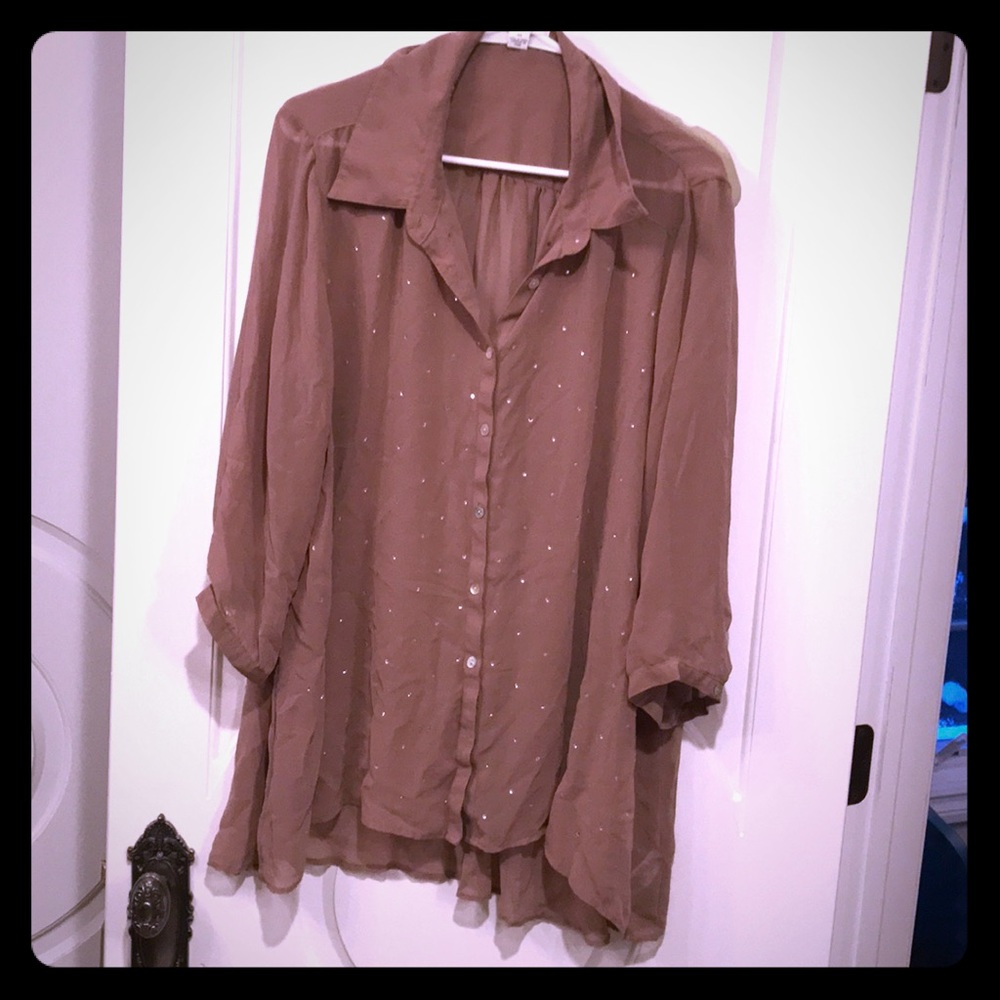 Forever 21 3x tan rhinestone high low chiffon top